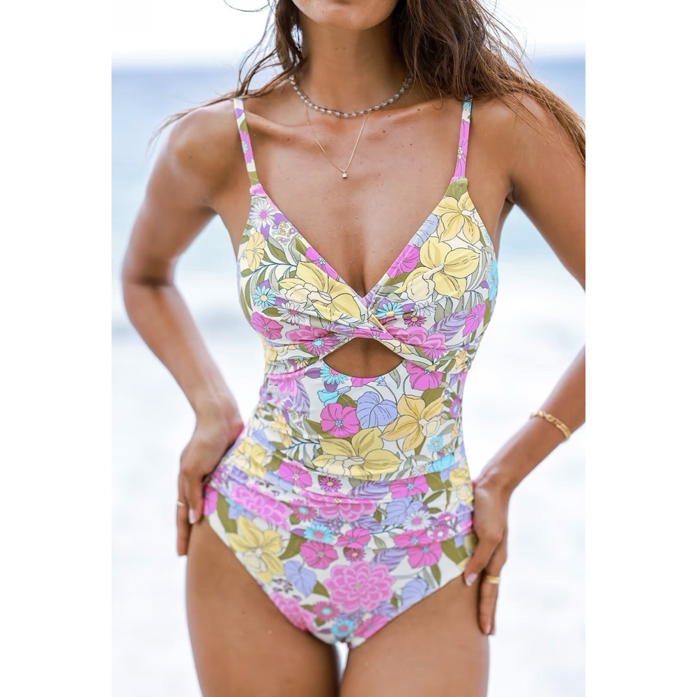CUPSHE Womens XS One Piece Swimsuit Pink Yellow Floral Twist Front Cutout Ruched